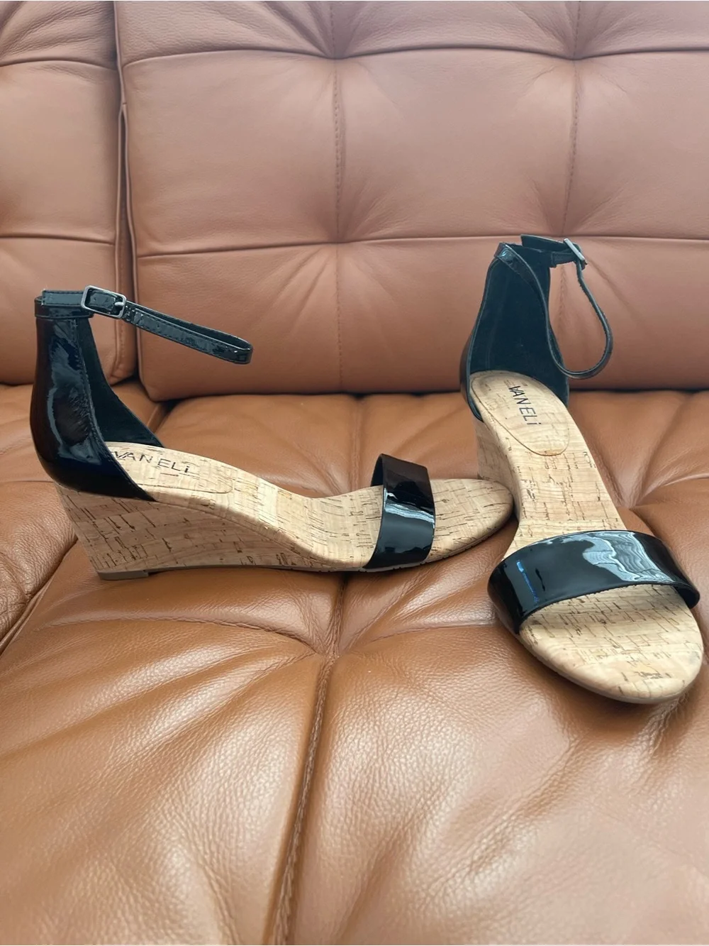 Vaneli Black Patent Cork Wedge Sandals with Ankle Strap women’s size 8